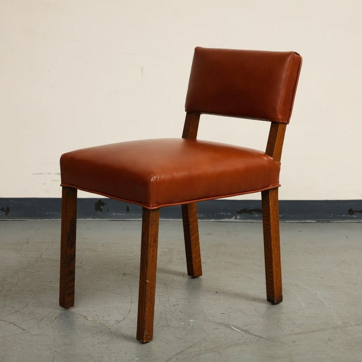 Mid-Century French Oak and Brown Leather Side Chairs, Set of 5