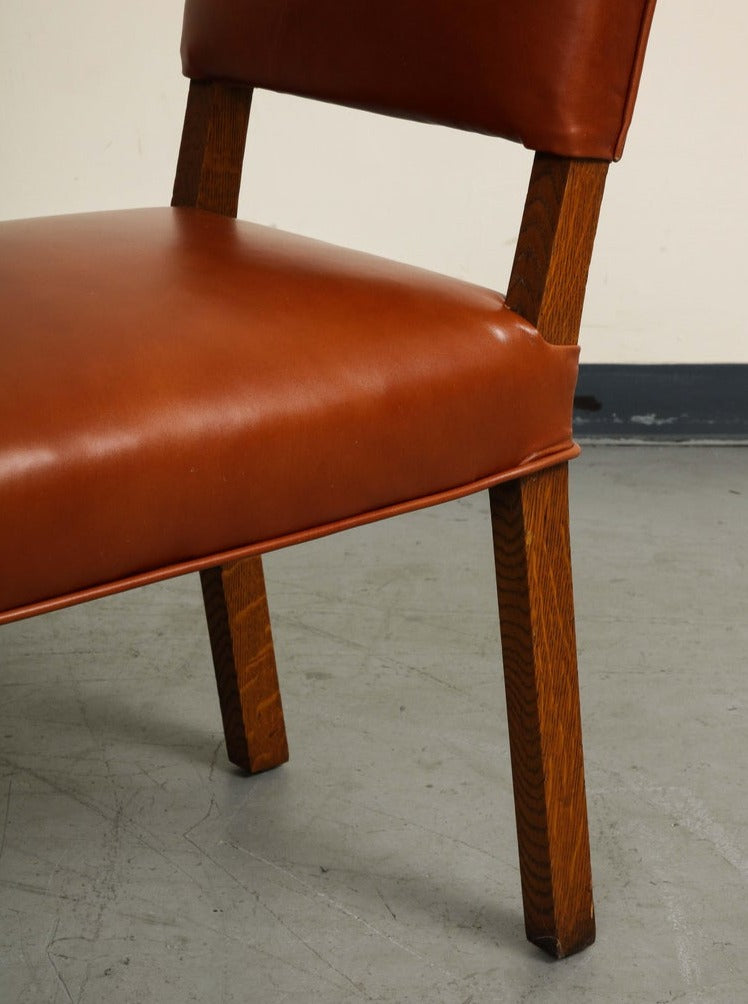 Mid-Century French Oak and Brown Leather Side Chairs, Set of 5