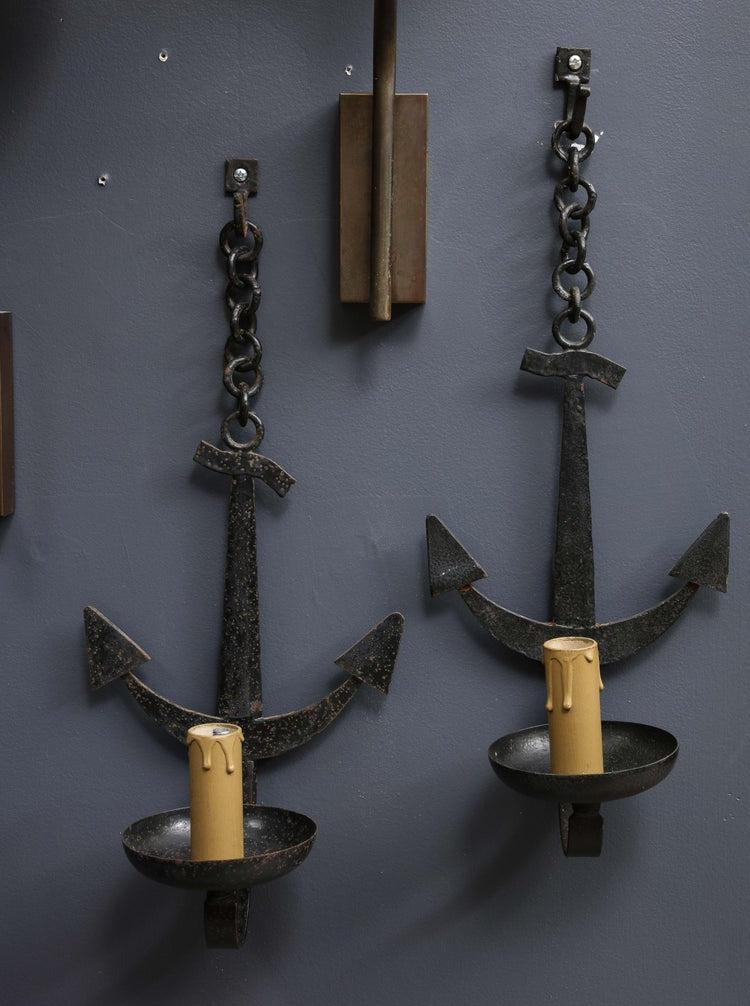 Pair of French 1950s Wrought Iron Anchor Shaped Wall Sconces