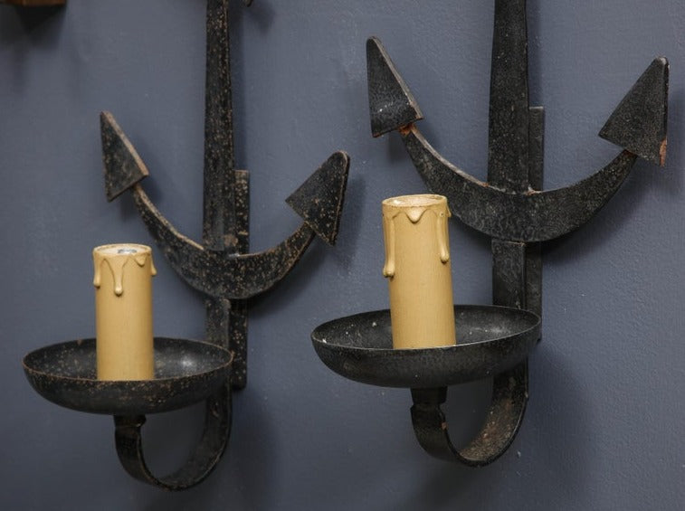 Pair of French 1950s Wrought Iron Anchor Shaped Wall Sconces