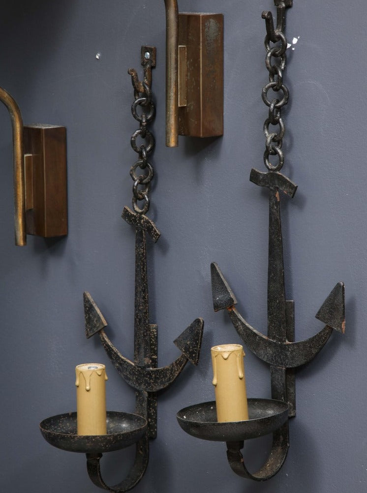 Pair of French 1950s Wrought Iron Anchor Shaped Wall Sconces