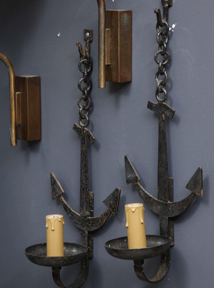 Pair of French 1950s Wrought Iron Anchor Shaped Wall Sconces