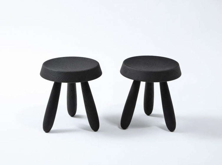 Pair of Burnt Oak Tripod Stools by Douglas Mont for Facto Atelier Paris