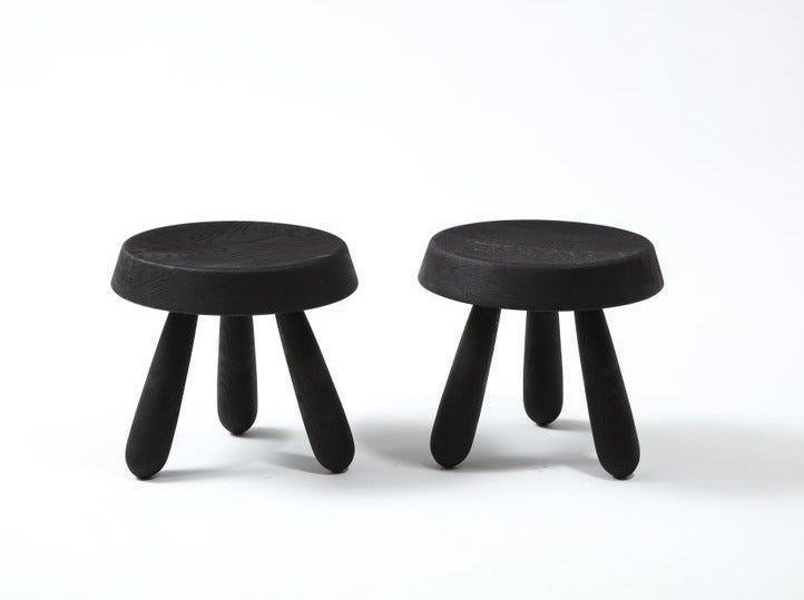 Petite Pair of Burnt Oak Tripod Stools by Douglas Mont for Facto Atelier Paris