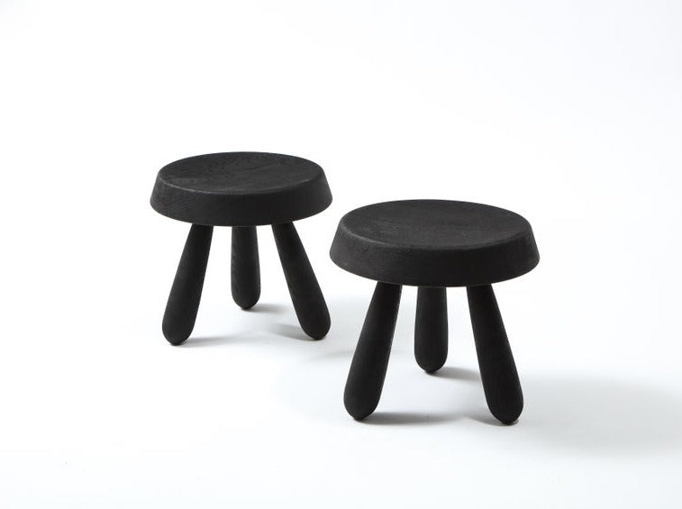 Petite Pair of Burnt Oak Tripod Stools by Douglas Mont for Facto Atelier Paris