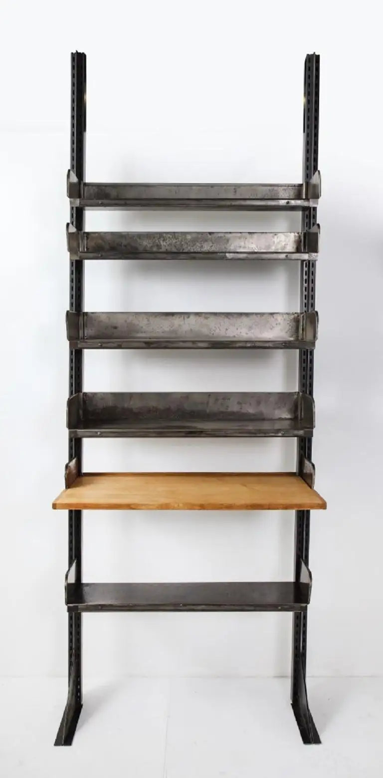 Midcentury French Industrial Iron Shelving System with Wood Desktop