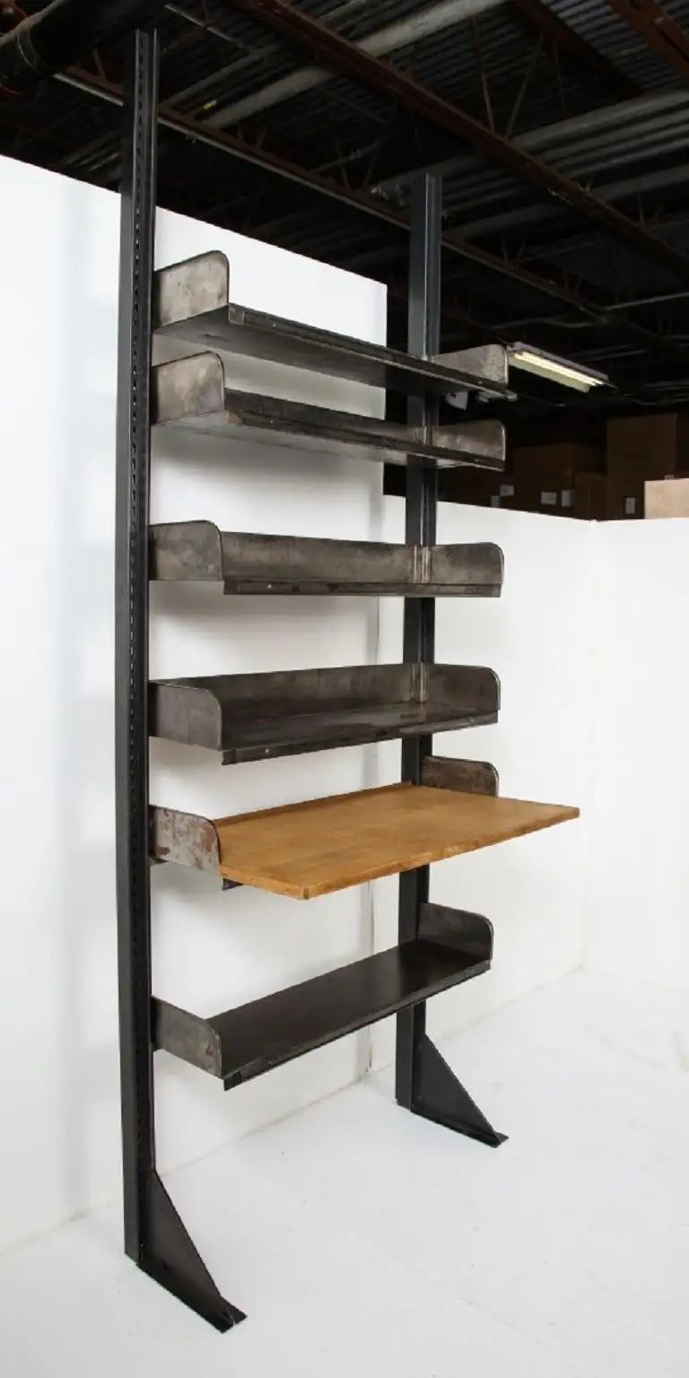 Midcentury French Industrial Iron Shelving System with Wood Desktop