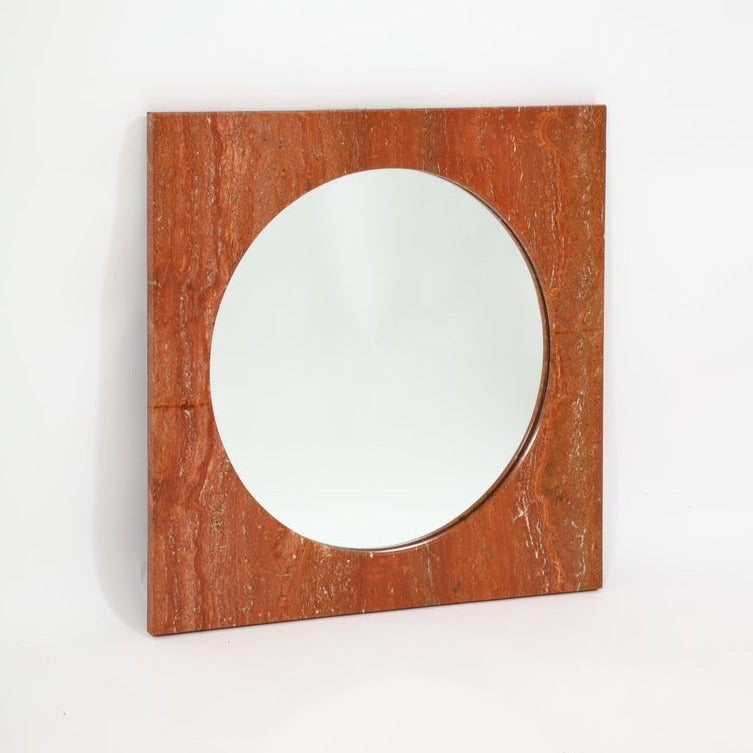 Italian Red Travertine Square Mirror, 1970s