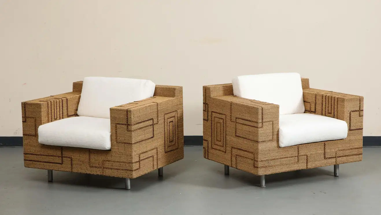 Pair of Italian 1970s Rope-Inlaid Lounge Chairs with New Cushions