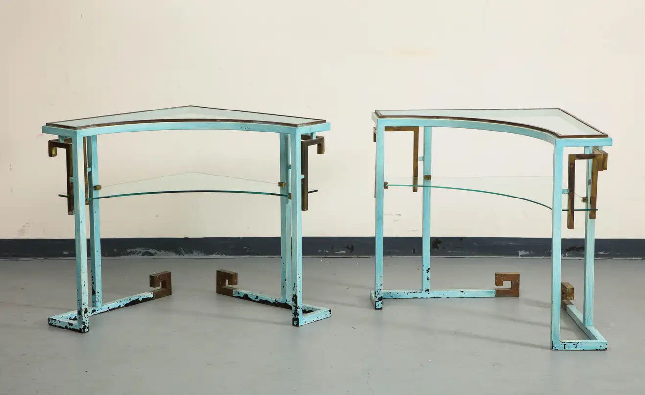 Pair of Hollywood Regency Metal and Glass Side Tables