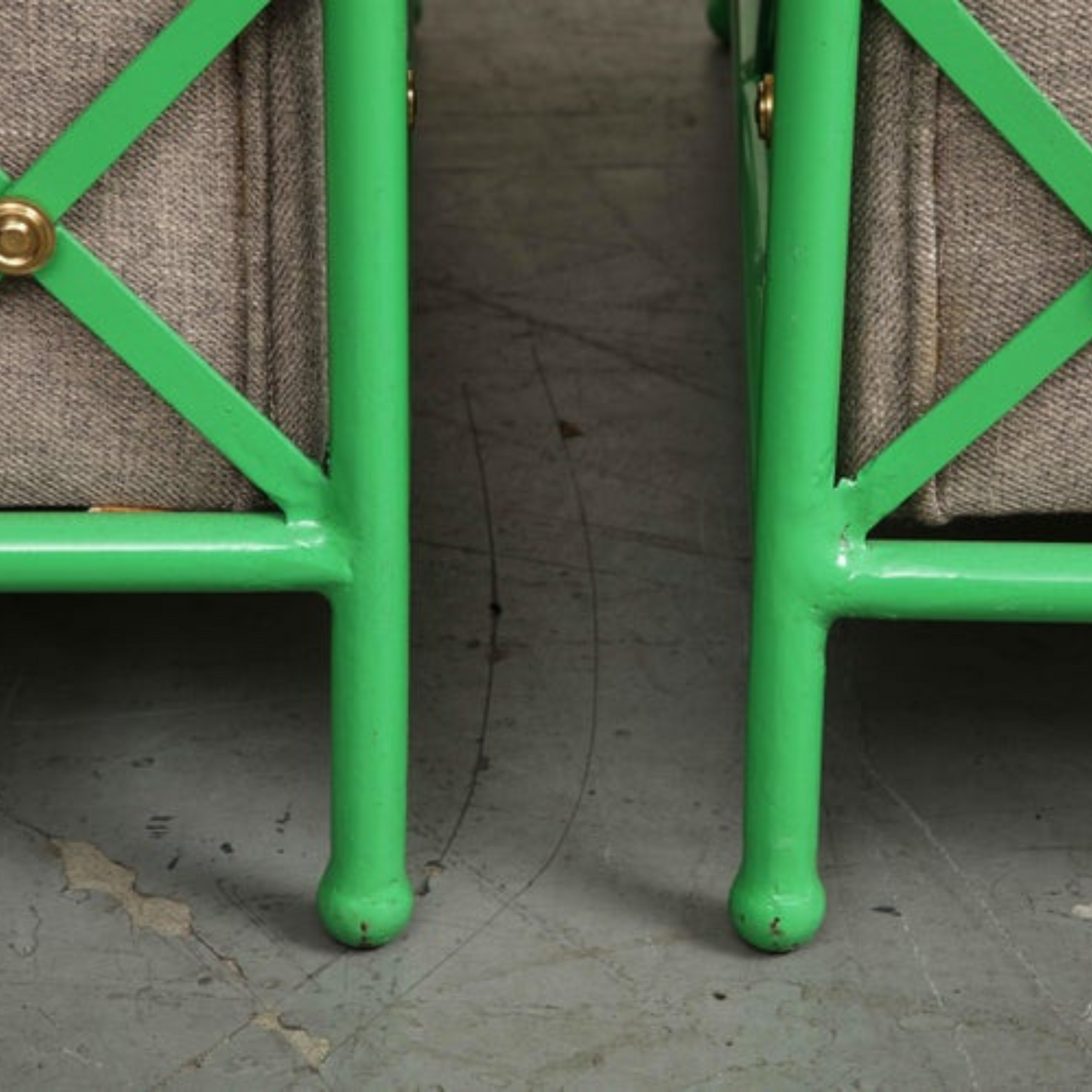 Pair of Jean Royere Style Vintage Bright Green Enameled Iron Cube Lounge Chairs