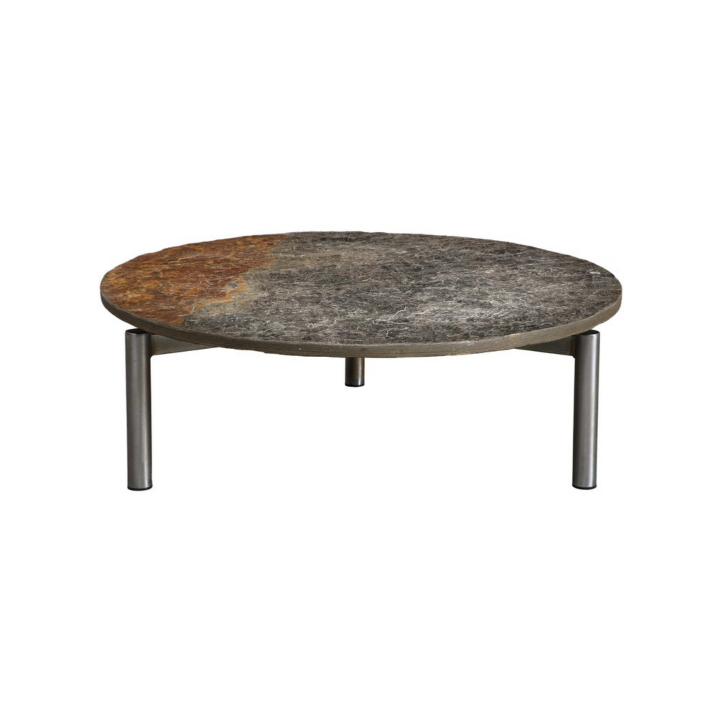 French Midcentury Chromed Steel Coffee Table with Round Natural Slate Top