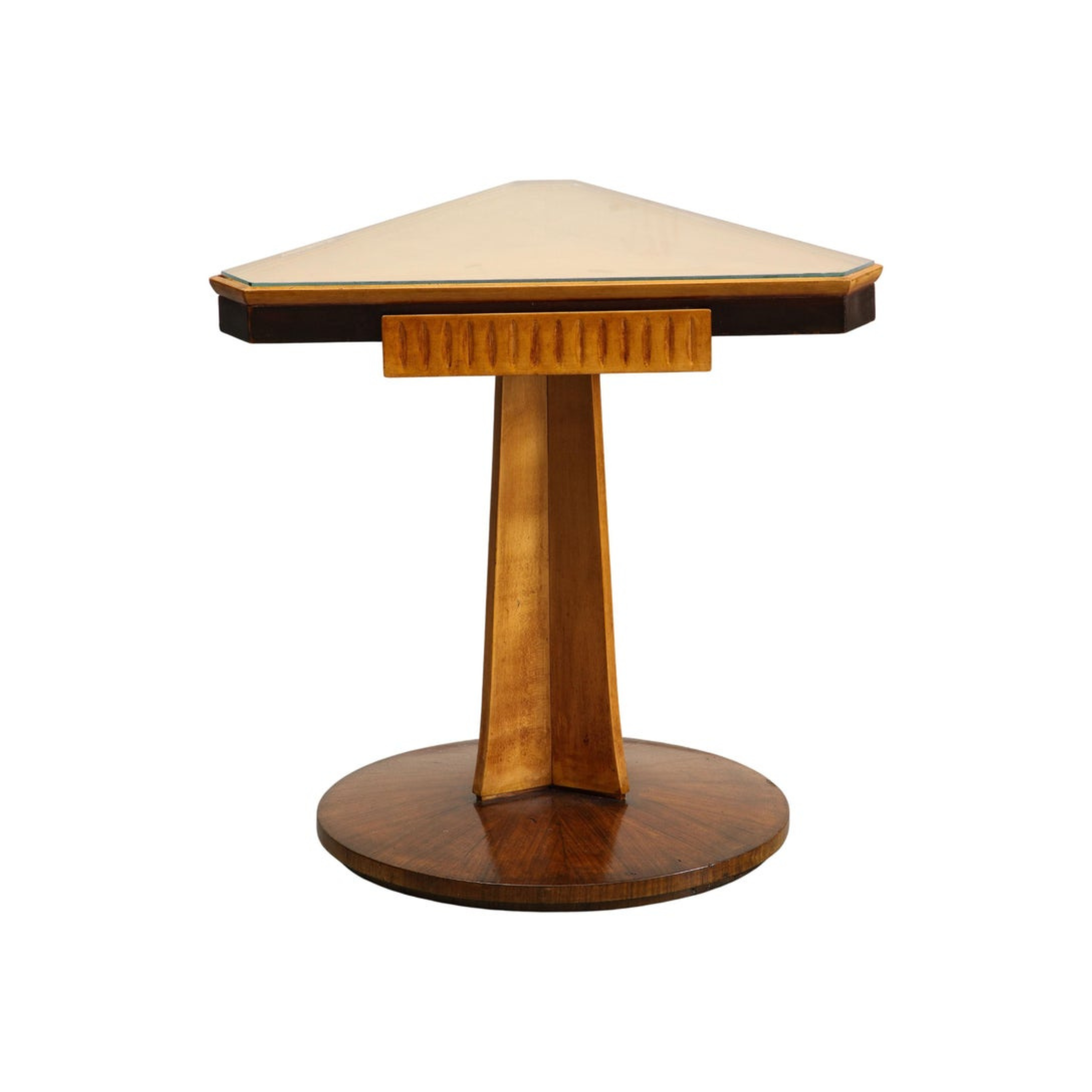 Midcentury Italian Triangular Fruitwood Side Table with Glass Top