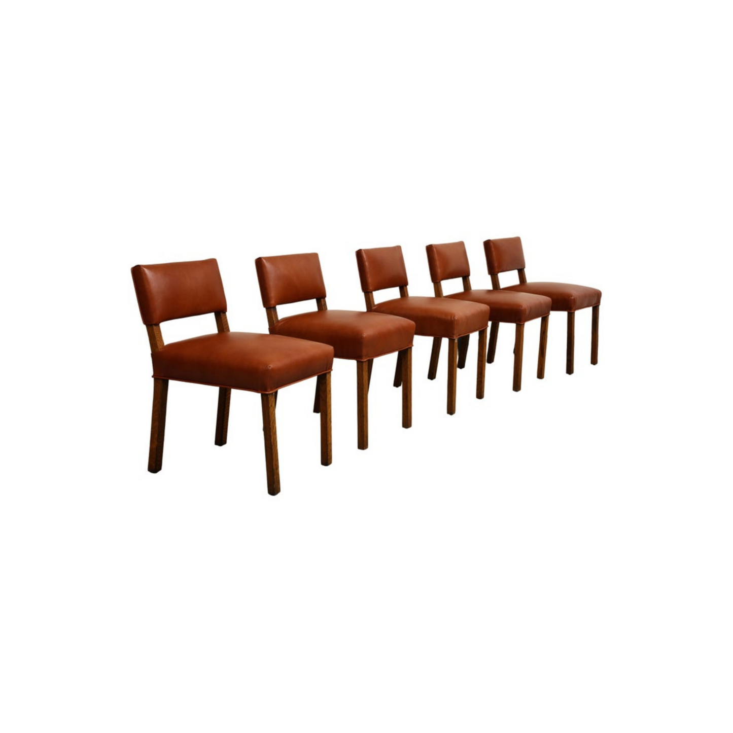 Mid-Century French Oak and Brown Leather Side Chairs, Set of 5