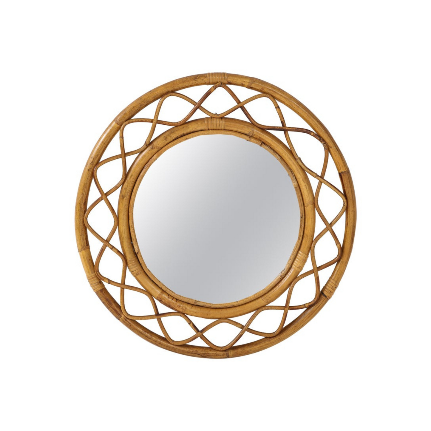 Midcentury French Braided Rattan and Bamboo Round Wall Mirror