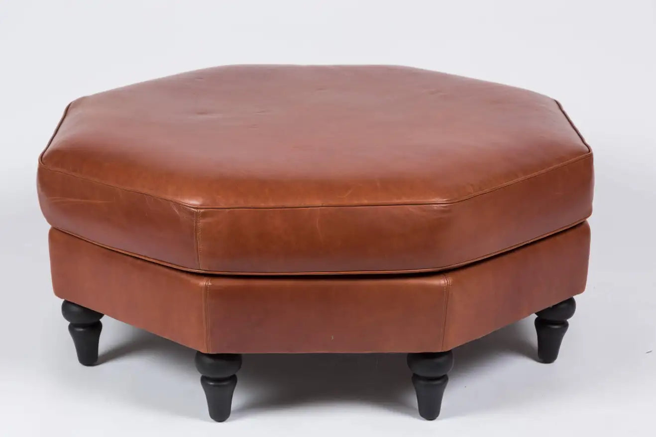 Round Rolling Footstool in Cognac Leather - Ottomans - Sweet