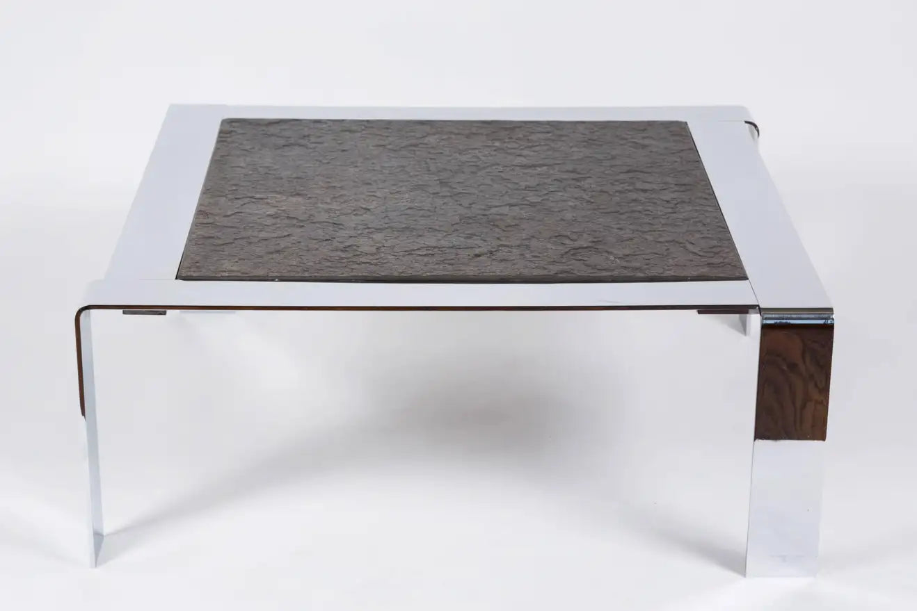 1960s French Chromed Steel and Slate Coffee Table