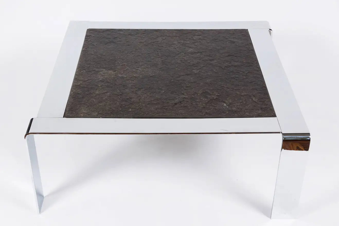 1960s French Chromed Steel and Slate Coffee Table