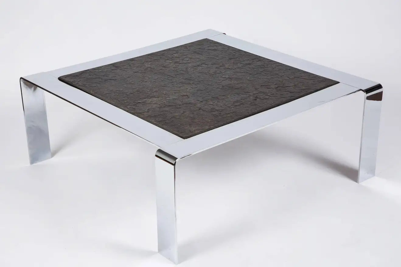 1960s French Chromed Steel and Slate Coffee Table
