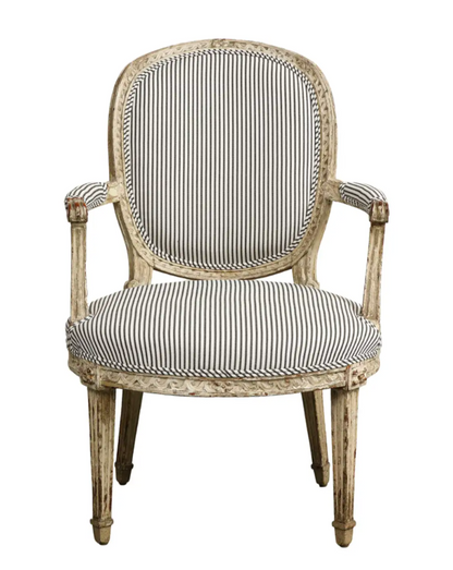 19th Century French Louis XVI Style Fauteuil Chair in Striped Linen Upholstery