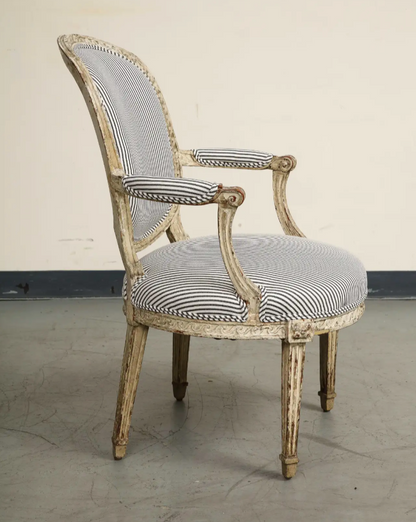 19th Century French Louis XVI Style Fauteuil Chair in Striped Linen Upholstery