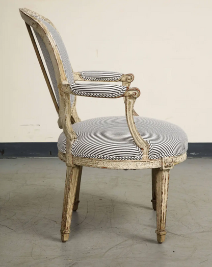 19th Century French Louis XVI Style Fauteuil Chair in Striped Linen Upholstery