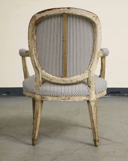 19th Century French Louis XVI Style Fauteuil Chair in Striped Linen Upholstery