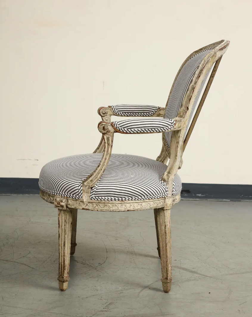 19th Century French Louis XVI Style Fauteuil Chair in Striped