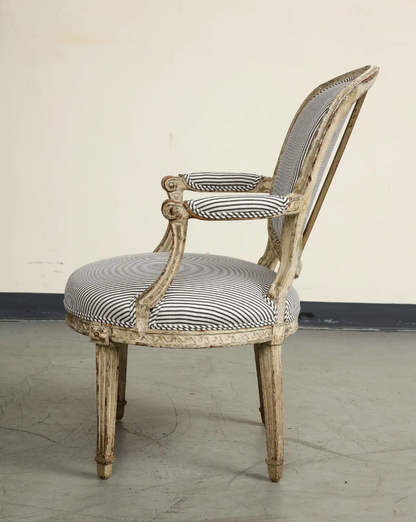 19th Century French Louis XVI Style Fauteuil Chair in Striped Linen Upholstery