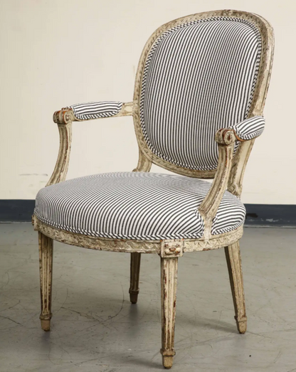 19th Century French Louis XVI Style Fauteuil Chair in Striped Linen Upholstery