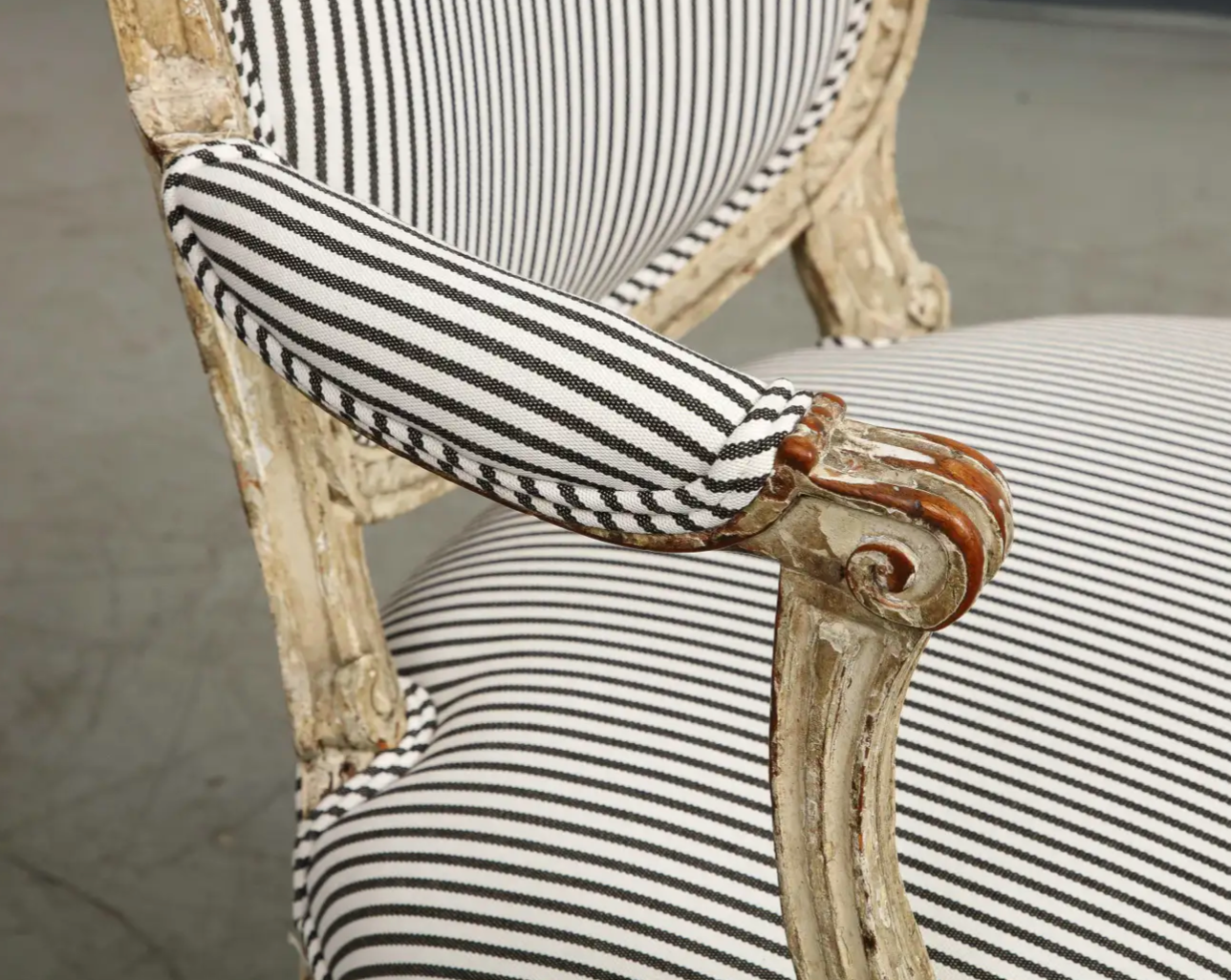 19th Century French Louis XVI Style Fauteuil Chair in Striped Linen Upholstery