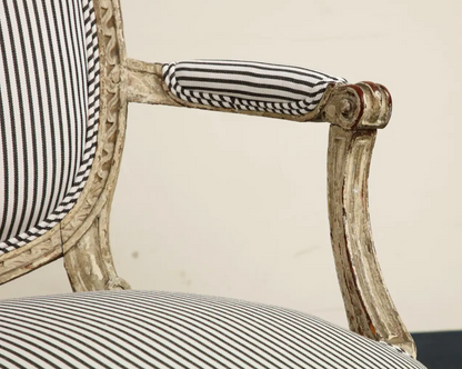 19th Century French Louis XVI Style Fauteuil Chair in Striped Linen Upholstery