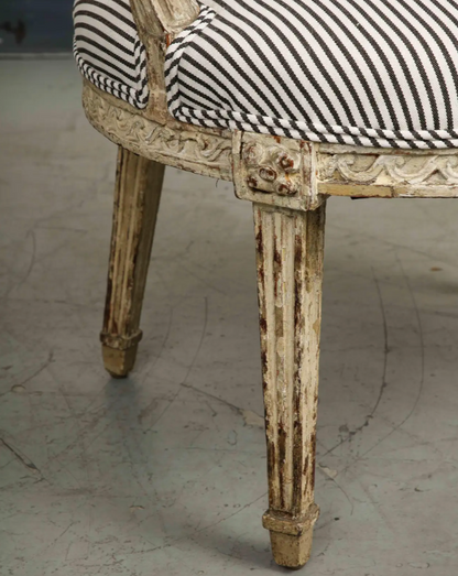 19th Century French Louis XVI Style Fauteuil Chair in Striped Linen Upholstery