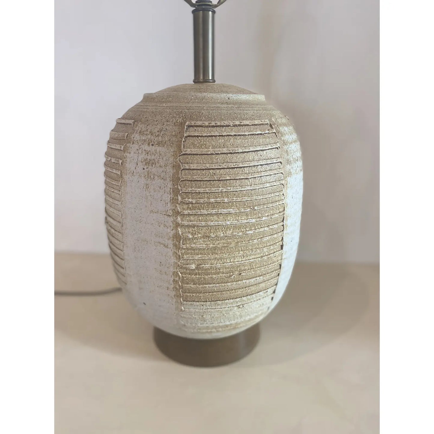 Midcentury Striated Pottery Table Lamp With Wicker Shade