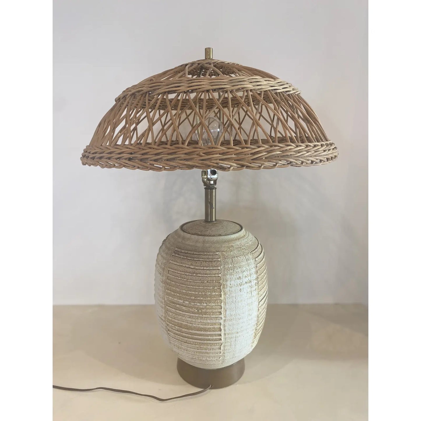 Midcentury Striated Pottery Table Lamp With Wicker Shade