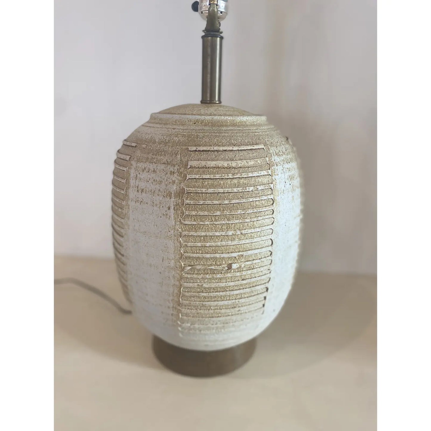 Midcentury Striated Pottery Table Lamp With Wicker Shade