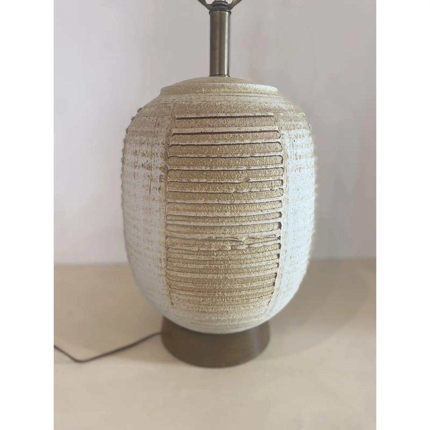 Midcentury Striated Pottery Table Lamp With Wicker Shade