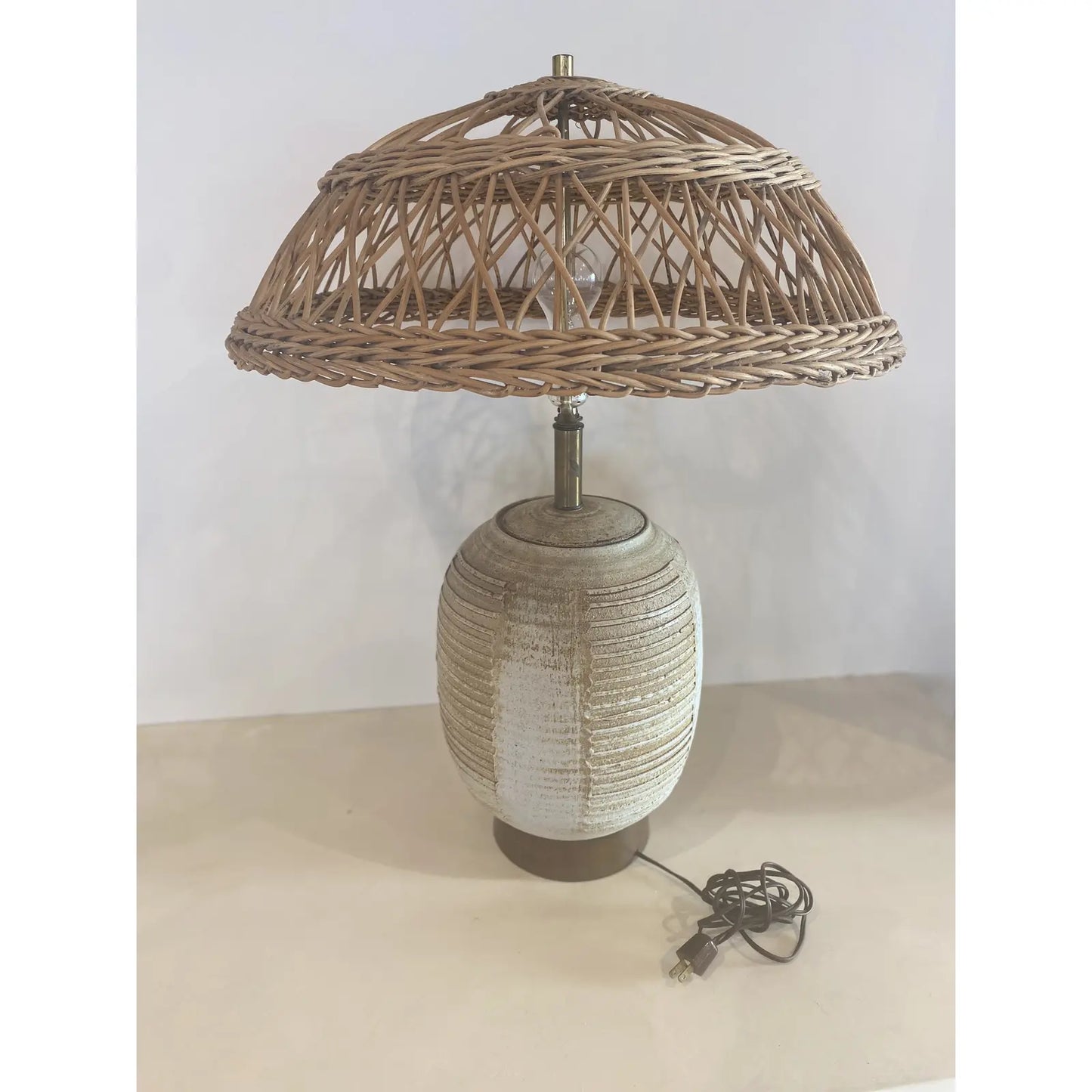 Midcentury Striated Pottery Table Lamp With Wicker Shade