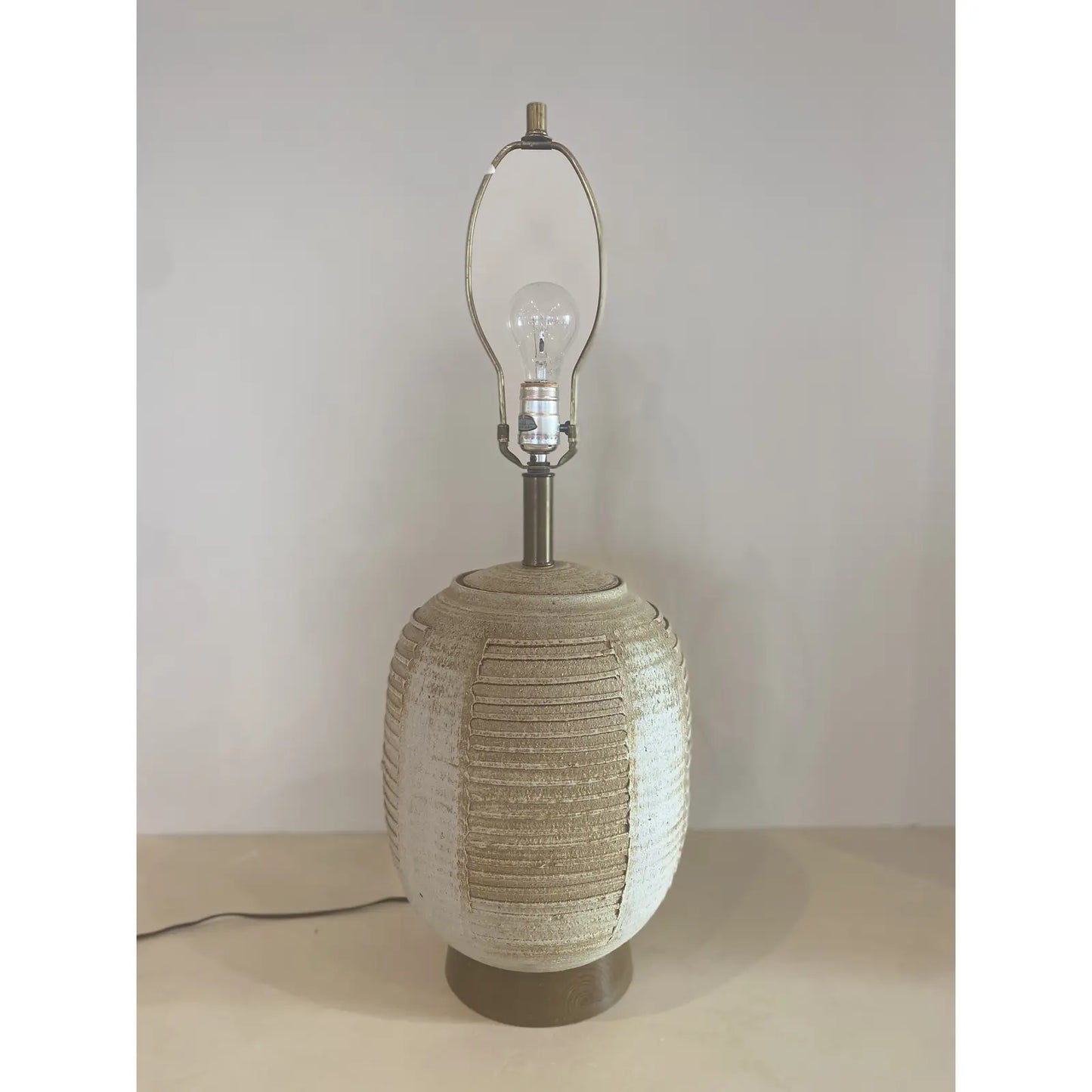 Midcentury Striated Pottery Table Lamp With Wicker Shade