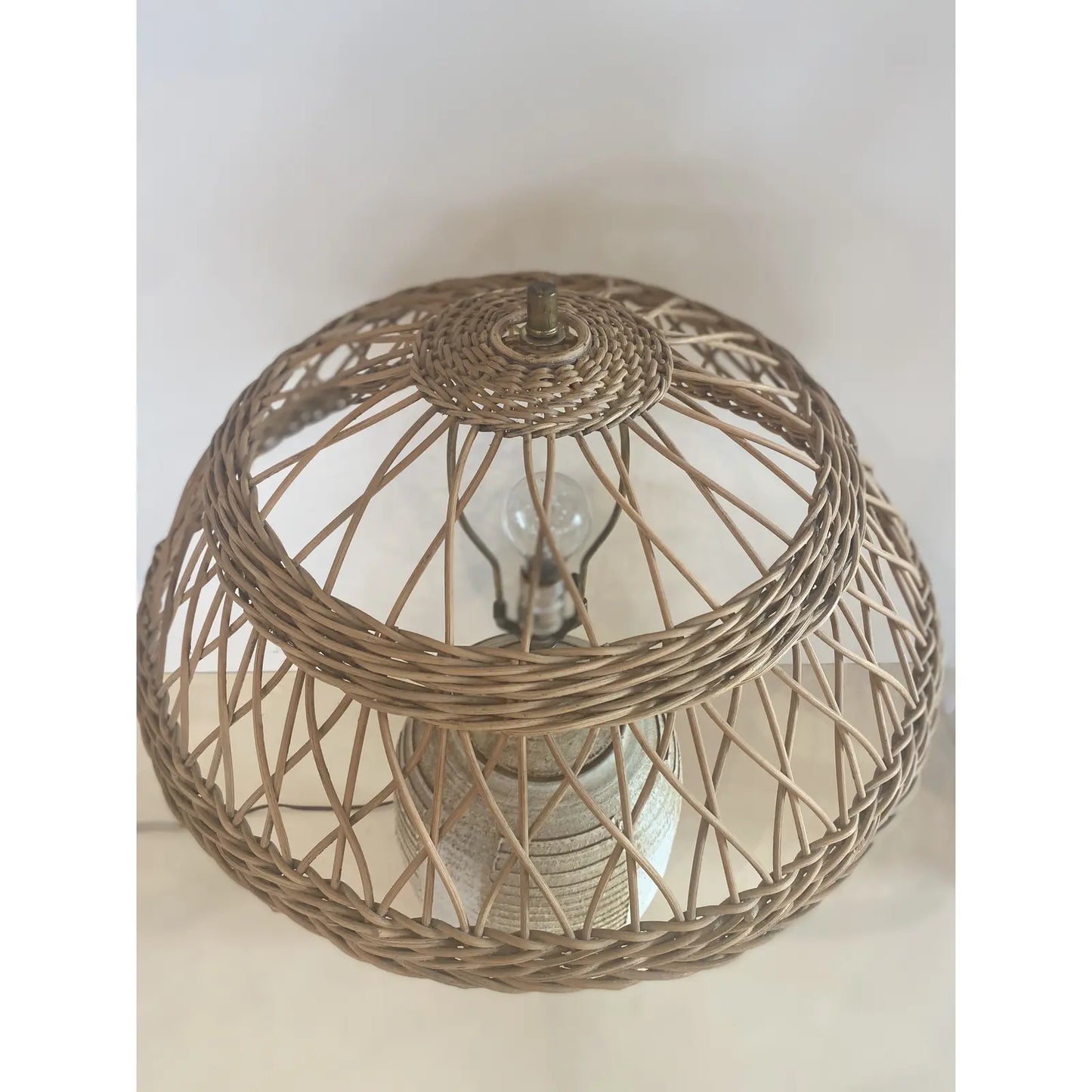 Midcentury Striated Pottery Table Lamp With Wicker Shade