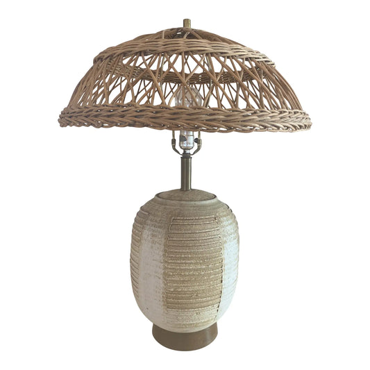 Midcentury Striated Pottery Table Lamp With Wicker Shade