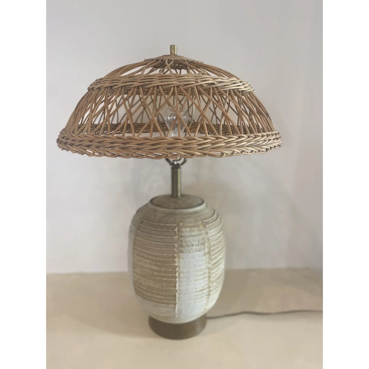 Midcentury Striated Pottery Table Lamp With Wicker Shade