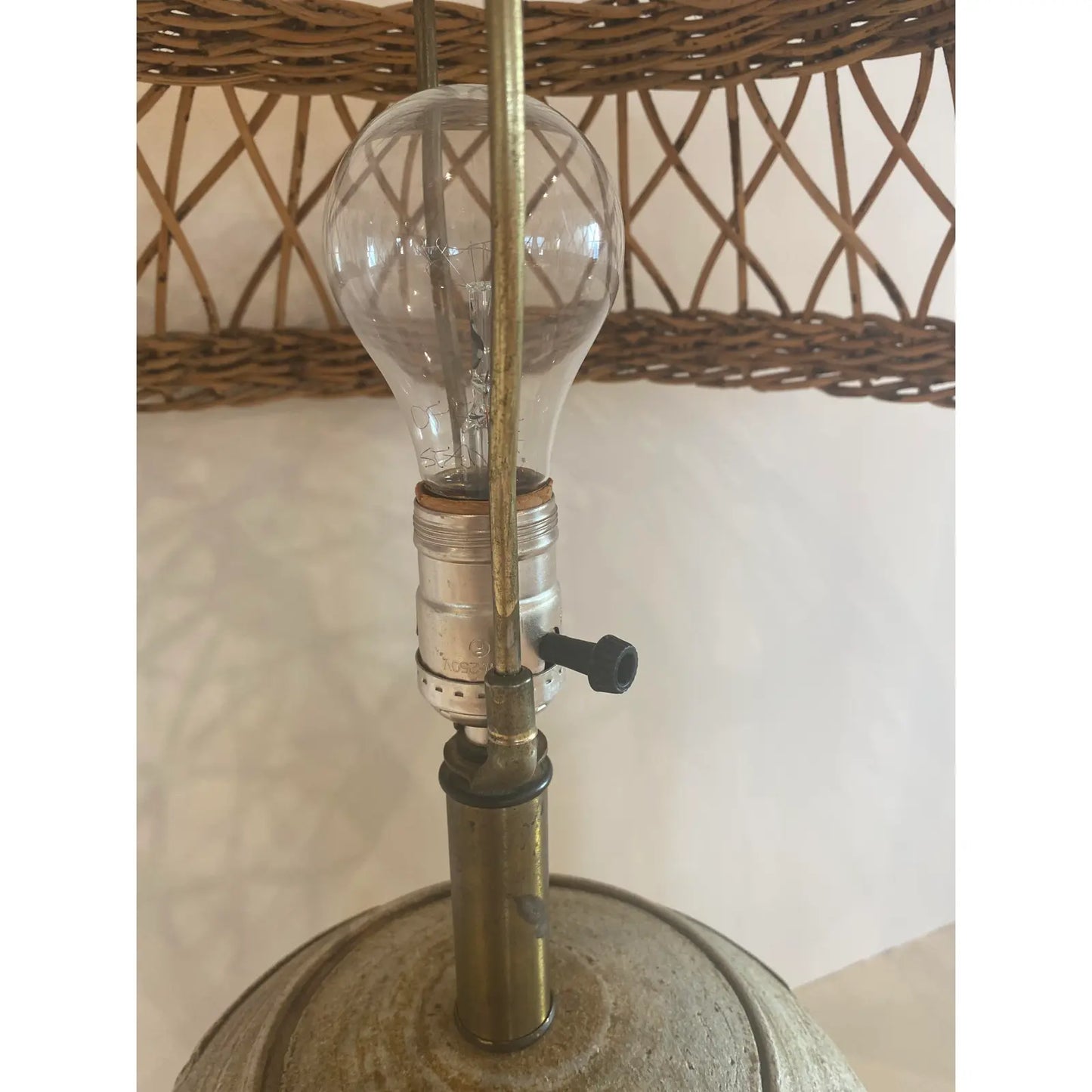 Midcentury Striated Pottery Table Lamp With Wicker Shade